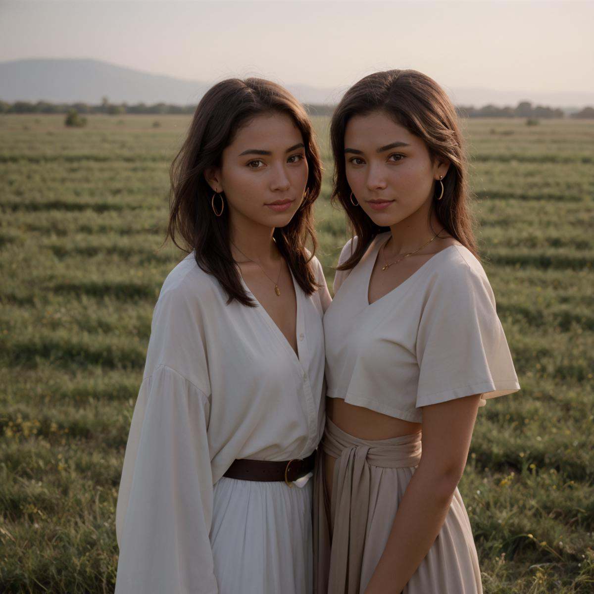 cinematic film still of two women standing next to each other in a field,  looking at viewer,  smile on Tensor.Art