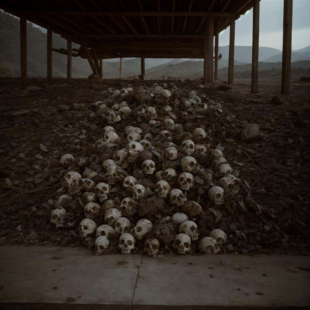 cinematic film still of a pile of skulls sitting on top of a wooden floor,  no humans,  skull on Tensor.Art