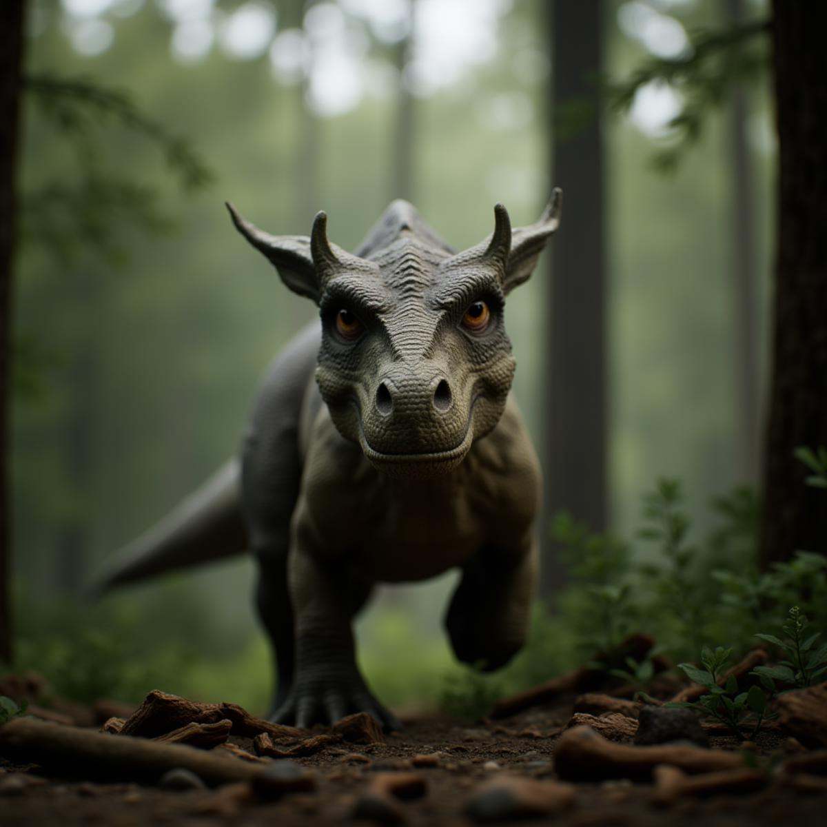 professional 3d model An Unreal Engine image of a dinosaur in the woods with a tree in the background,  outdoors,  horns o...