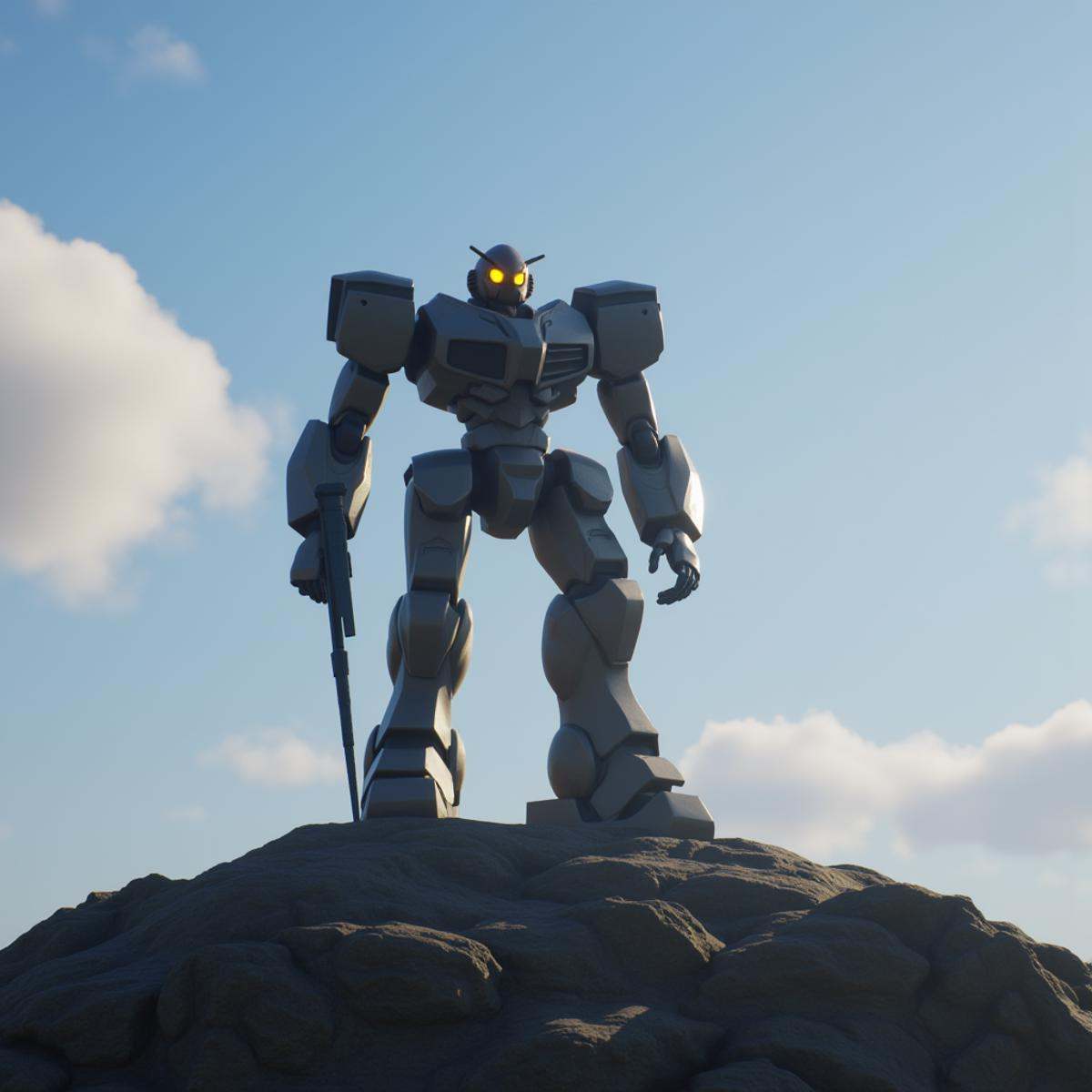 professional 3d model An Unreal Engine image of a giant robot standing on top of a rocky hill,  solo,  holding on Tensor.Art