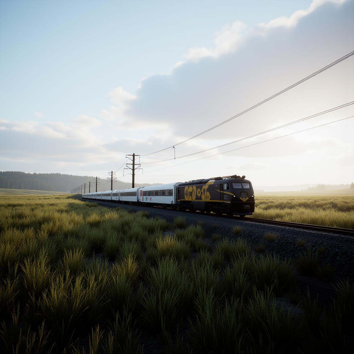 professional 3d model An Unreal Engine image of a train is traveling down the tracks in the field,  outdoors,  sky on Tens...