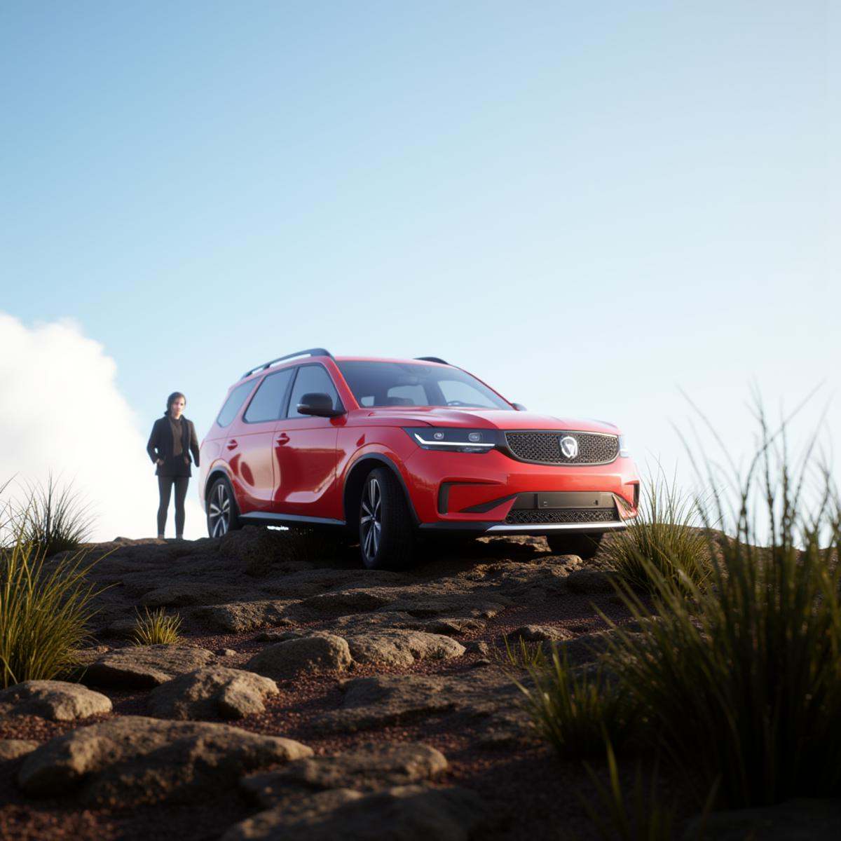 professional 3d model An Unreal Engine image of a red car is parked on a rocky hill,  1girl,  outdoors on Tensor.Art