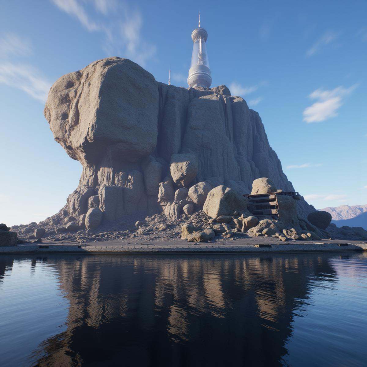 professional 3d model An Unreal Engine image of a futuristic space station with a giant rock and many spheres,  sky,  no h...