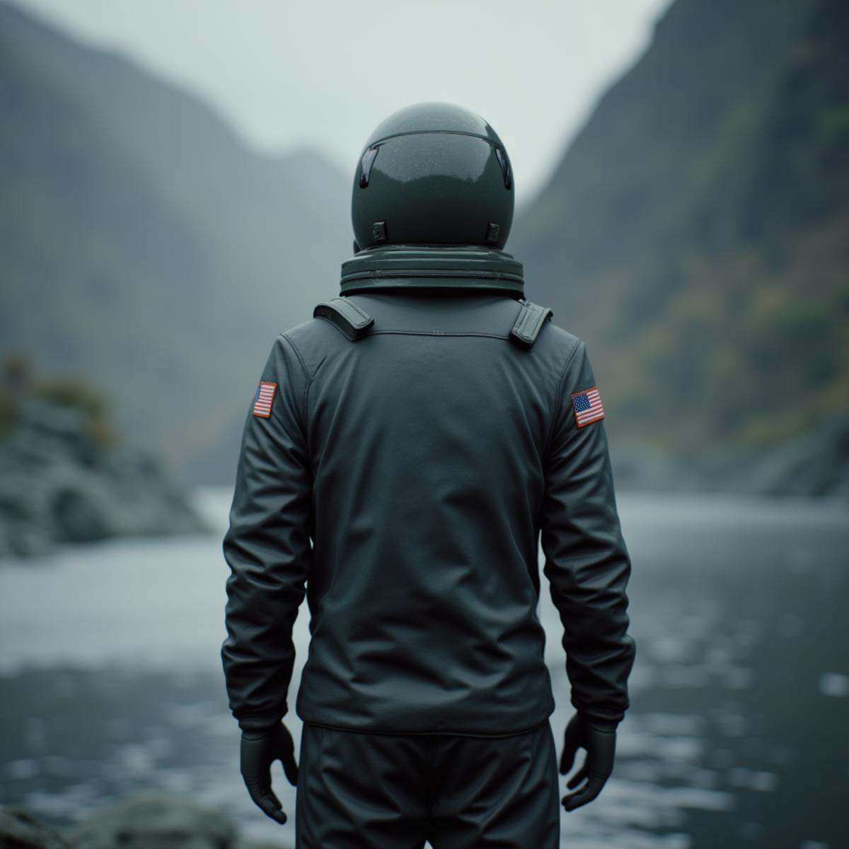 professional 3d model An Unreal Engine image of a person in a spacesuit standing in front of a river,  solo,  jacket on Te...
