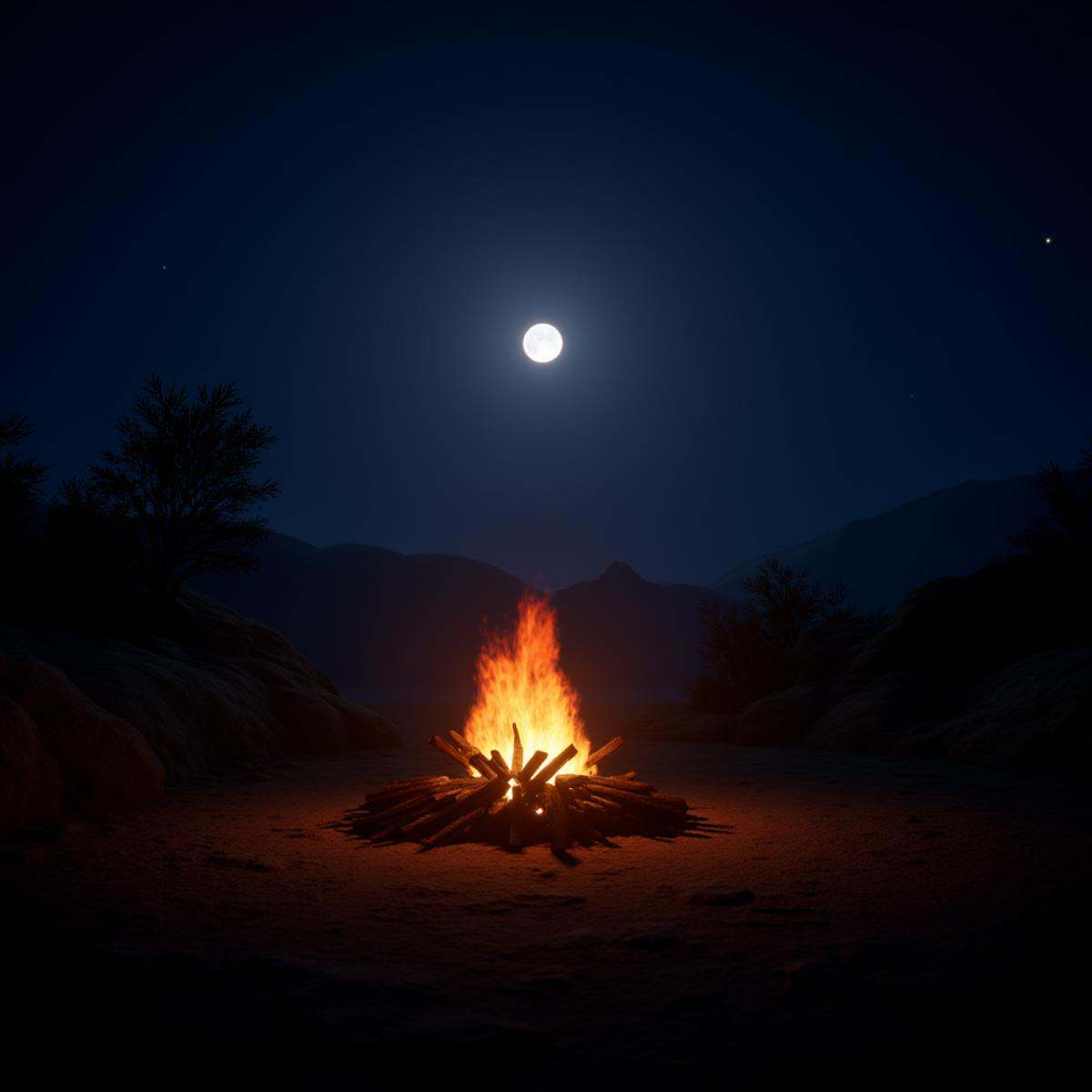 professional 3d model An Unreal Engine image of a campfire in the middle of a desert at night,  outdoors,  sky on Tensor.Art
