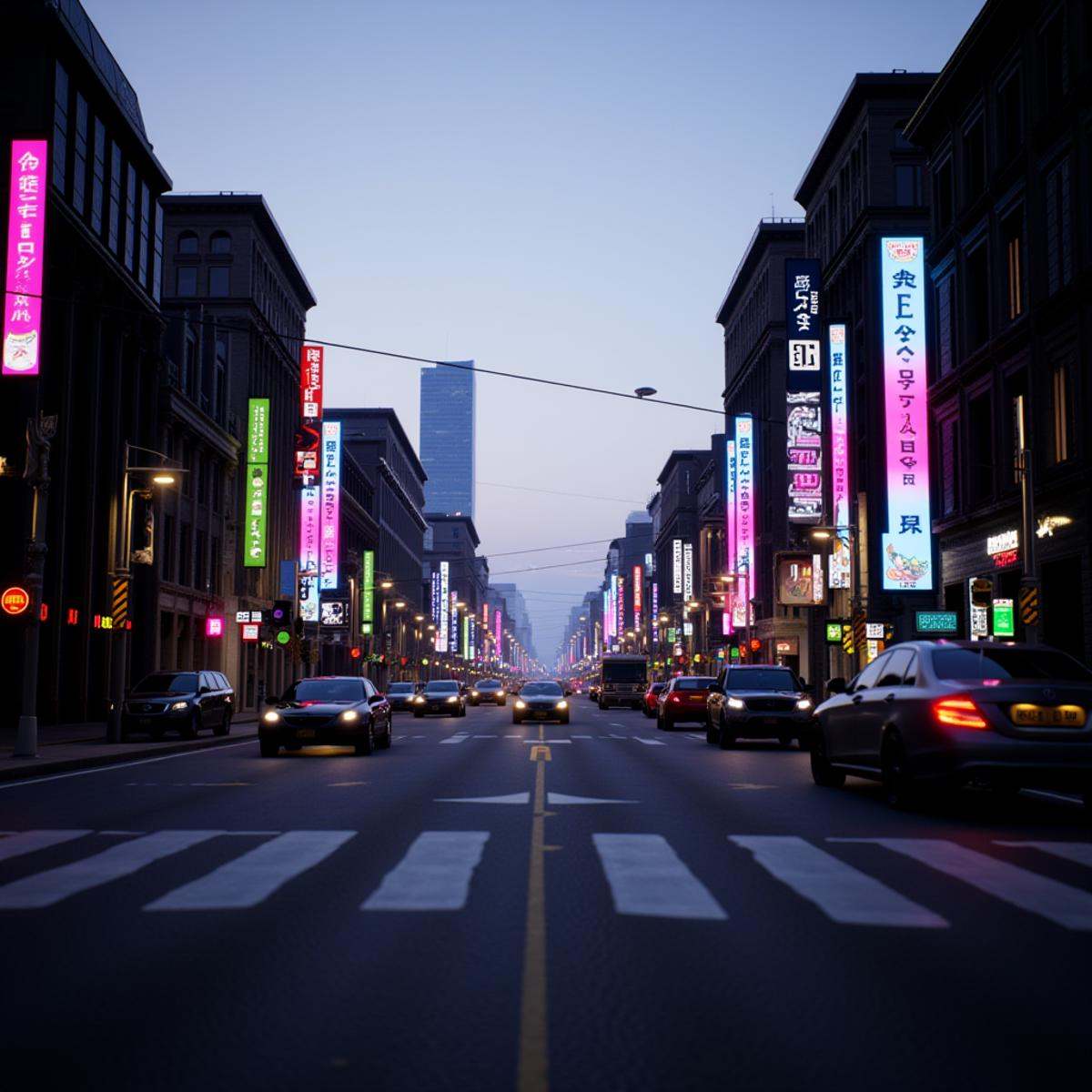 professional 3d model An Unreal Engine image of a city street with a lot of traffic and neon signs,  outdoors,  sky on Ten...