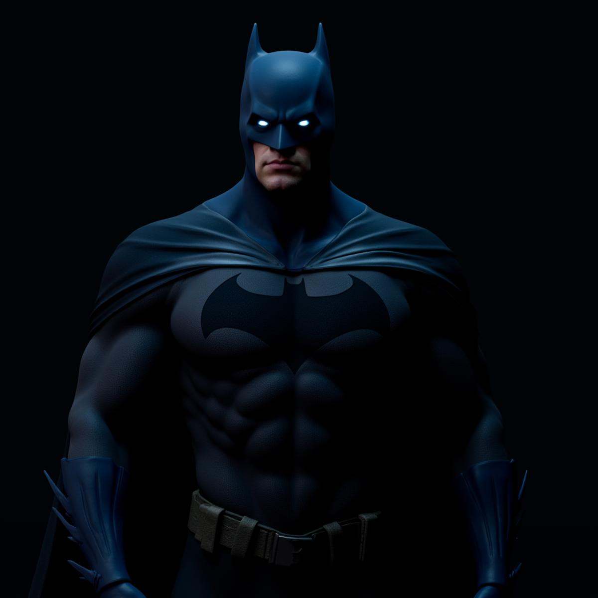 professional 3d model An Unreal Engine image of a man in a batman costume standing in the dark,  solo,  looking at viewer...