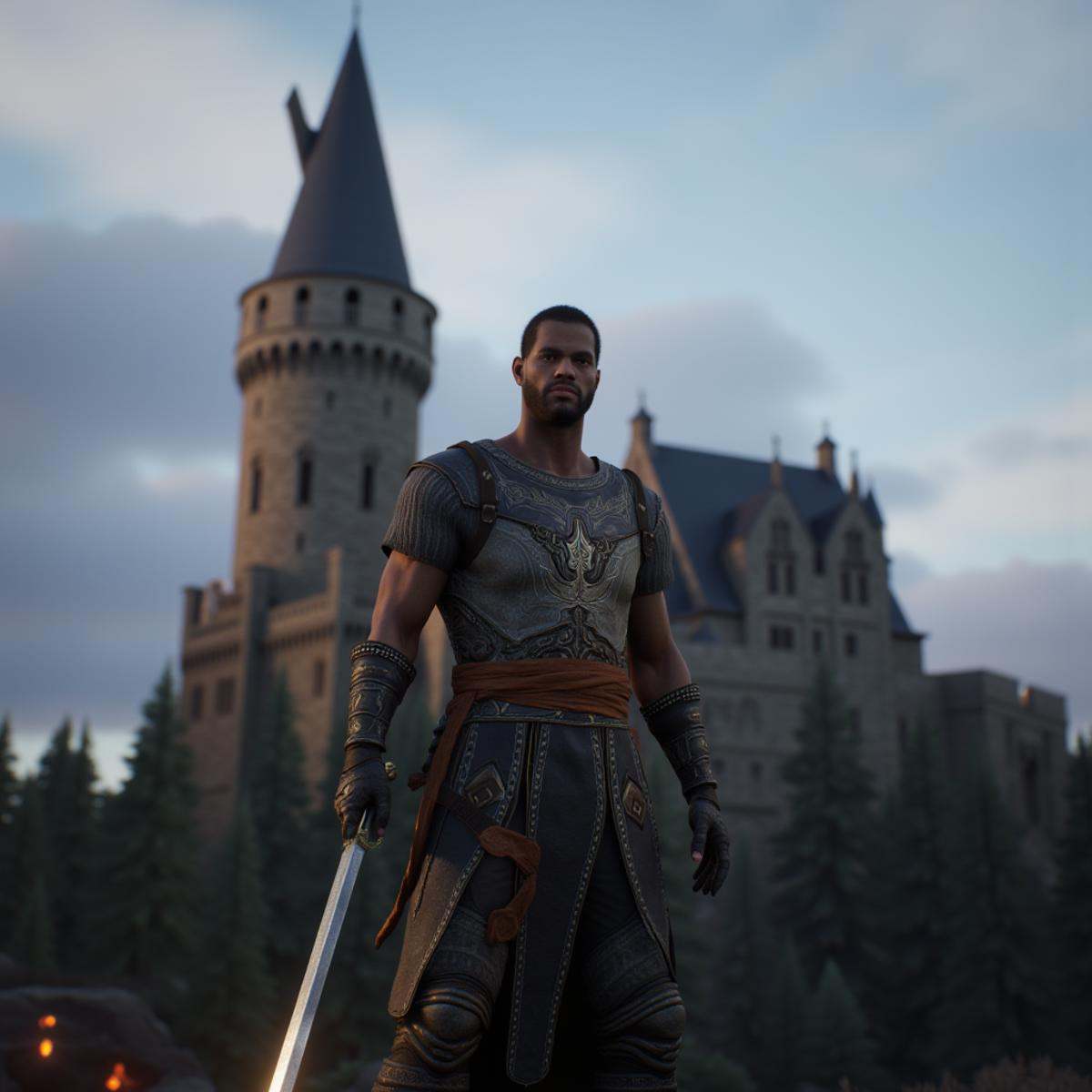 professional 3d model An Unreal Engine image of a man standing in front of a castle with a sky background,  holding,  stan...