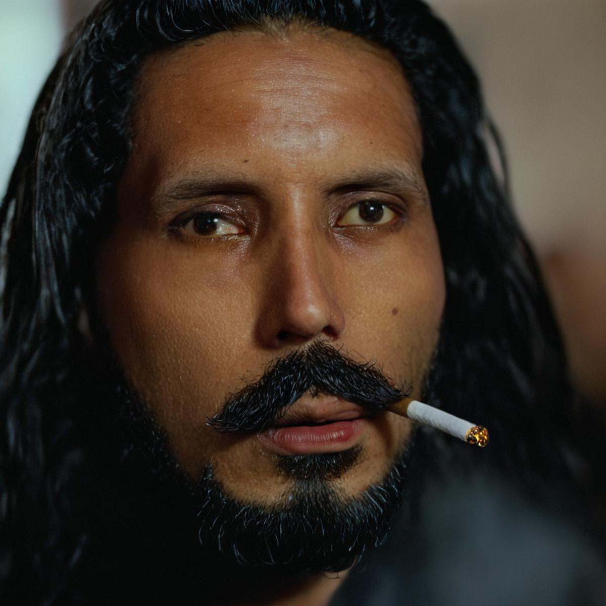 cinematic film still of a man with dreads and a beard is smoking a cigarette,  solo,  long hair on Tensor.Art