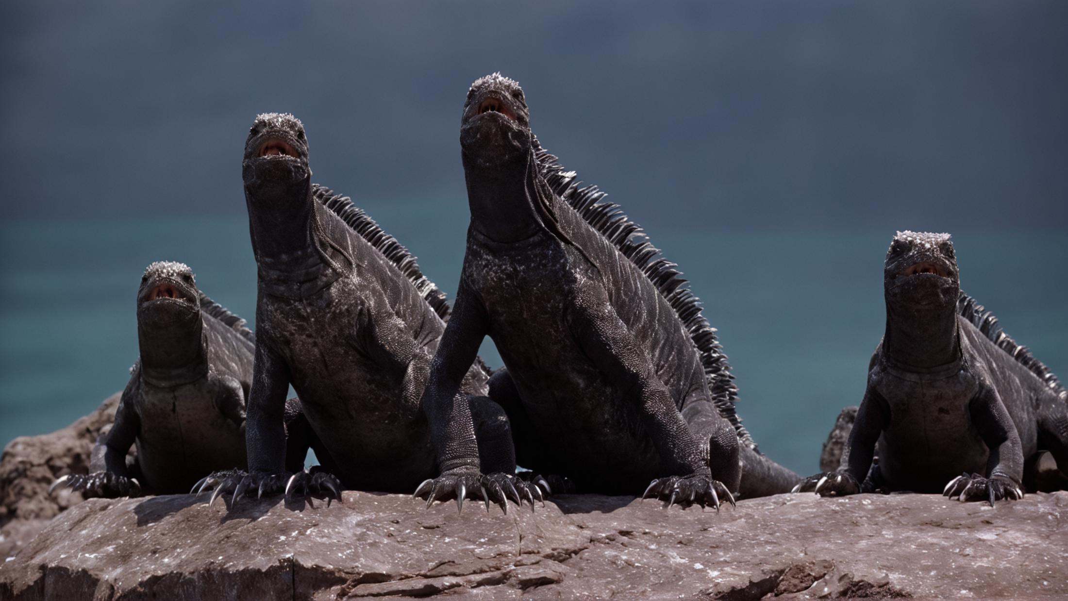 cinematic film still of a group of marine iguanas sitting on rocks,  open mouth,  outdoors on Tensor.Art