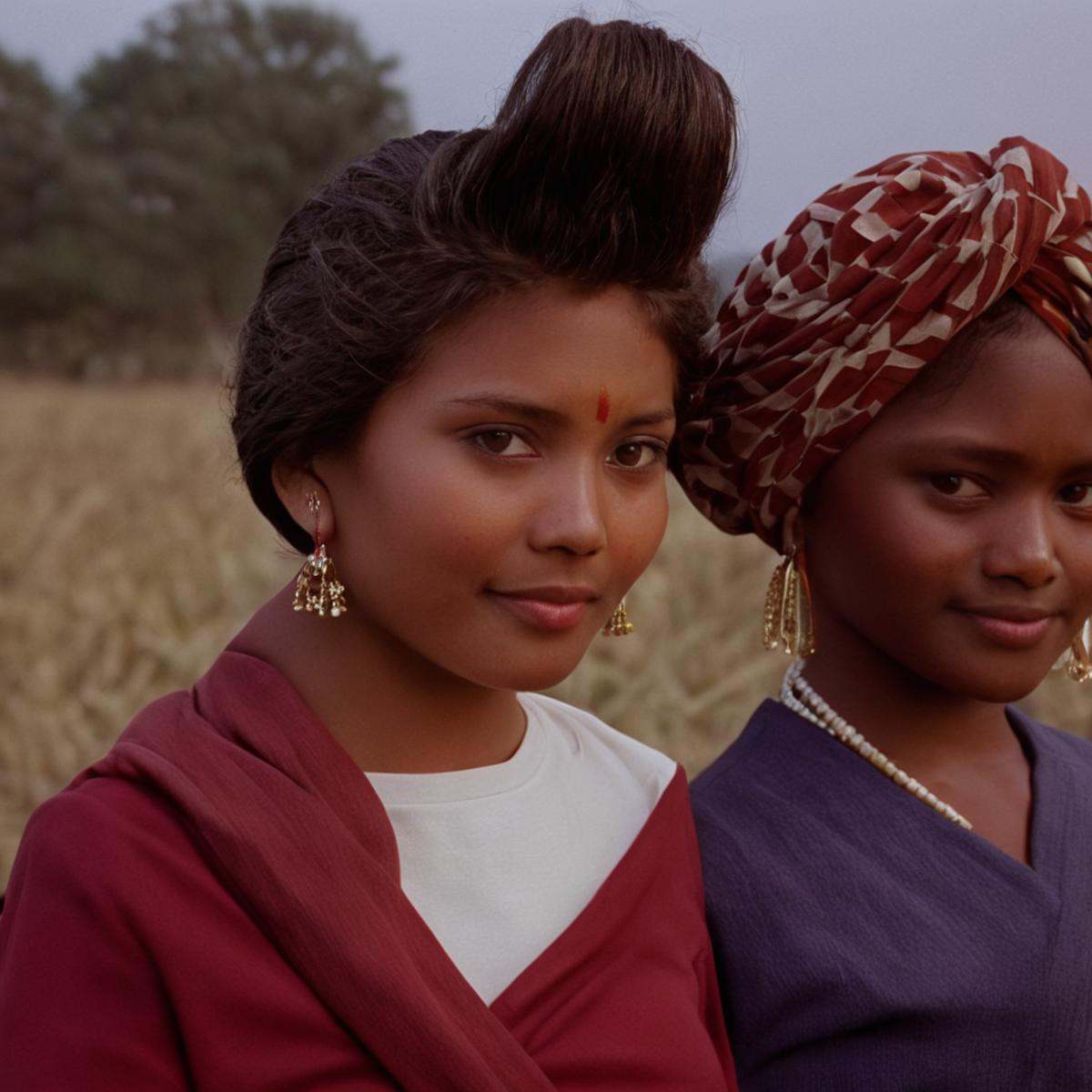 cinematic film still of two women standing next to each other in a field,  looking at viewer,  smile on Tensor.Art