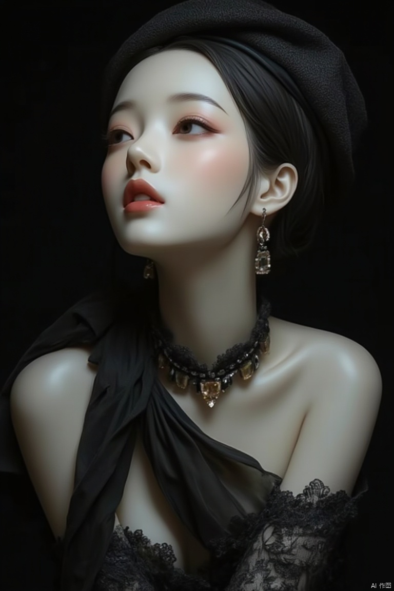 Jade statue,A beautiful woman, black hair, hat, dress,brown eyes, jewelry,upper body, earrings, parted lips, choker, artist name, necklace, black dress, black headwear, makeup, beret, lipstick, black background, gem,
﻿