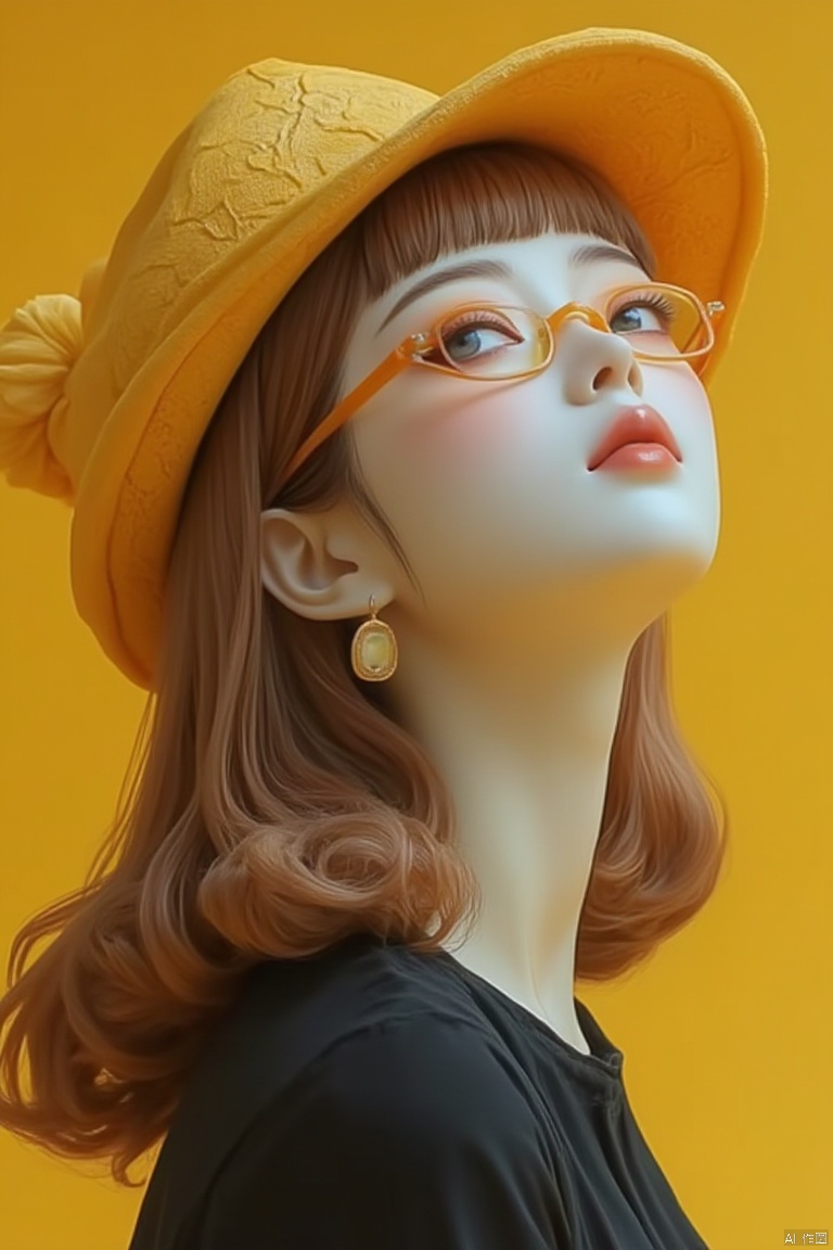 Jade statue,Realistic style, a beautiful woman,earrings,hat,jewelry,yellow background,beanie,looking at viewer,brown hair,medium hair,portrait,bangs,multicolored eyes,yellow headwear,orange-tinted eyewear,upper body,black shirt,blue eyes,,
﻿