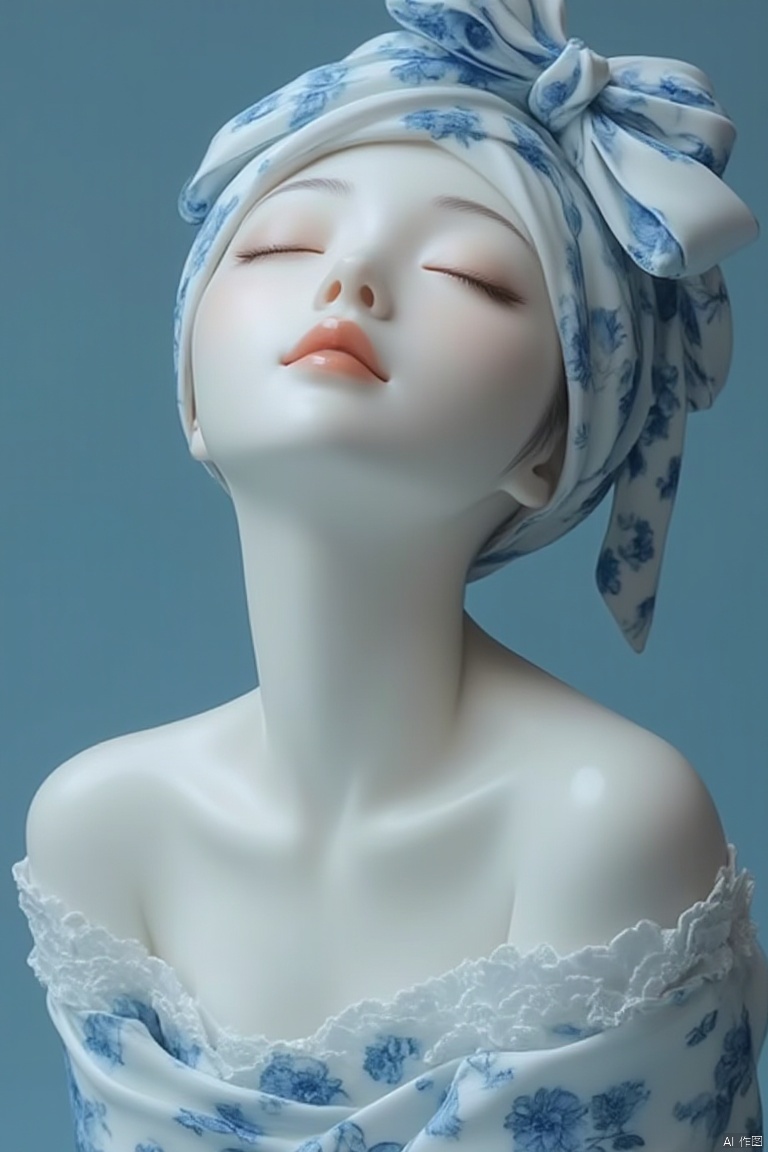 (Ceramic beauty statue), as beautiful as a real person, with rosy face, eyes closed, blue flower pattern bow on head, bare shoulders,Mature Asian beauties,Jade statue,1