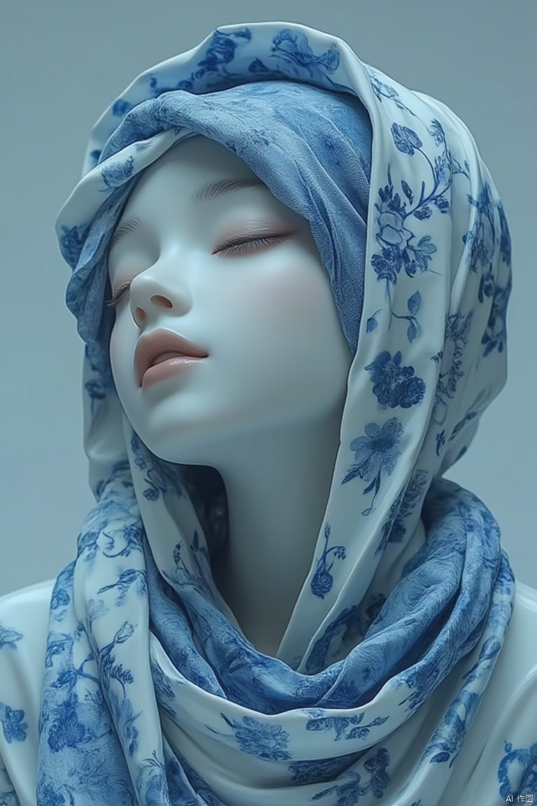 1girl,Jade statue,navel,blue scarf