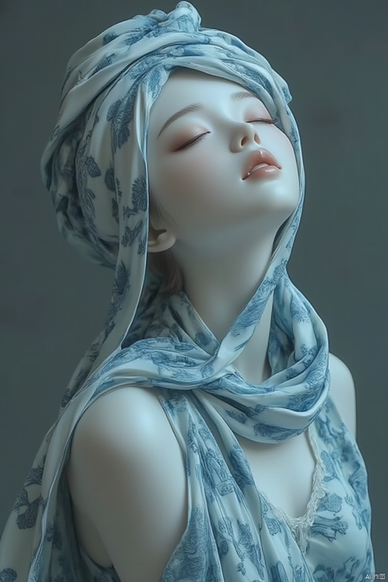 1girl,Jade statue,navel,blue scarf