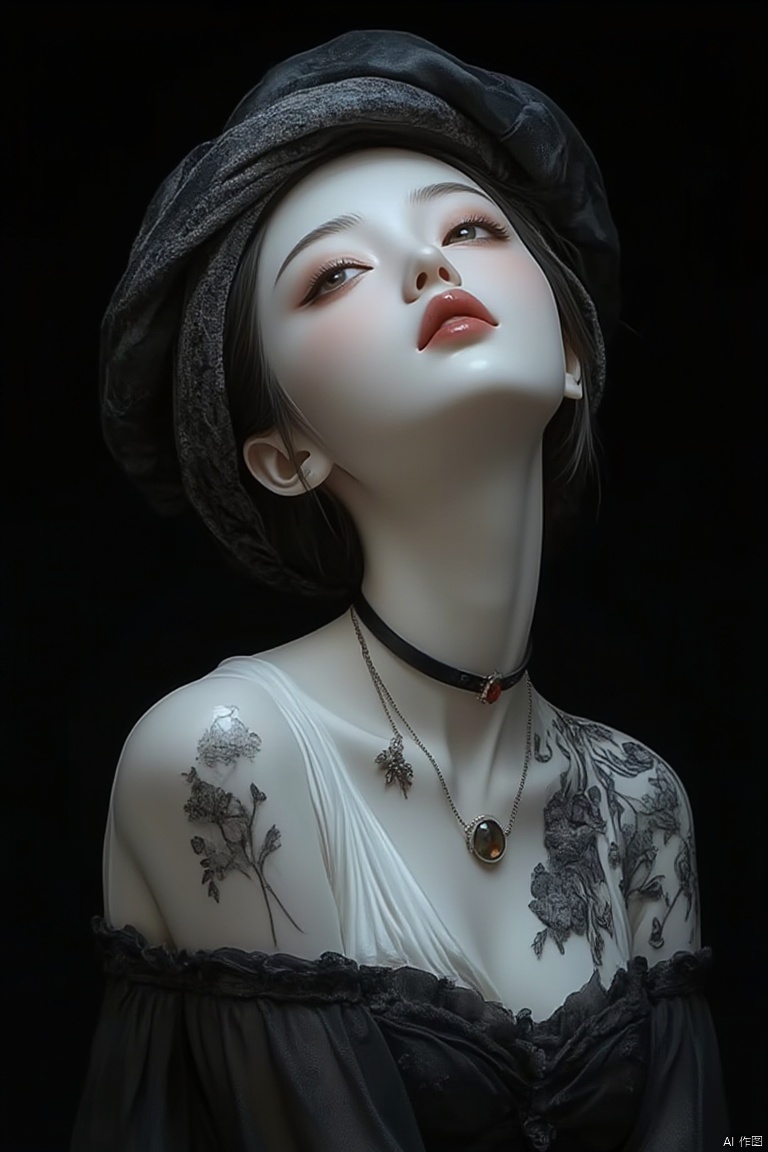 Jade statue,A beautiful woman, black hair, hat, dress,brown eyes, jewelry,upper body, earrings, parted lips, choker, artist name, necklace, black dress, black headwear, makeup, beret, lipstick, black background, gem,
﻿