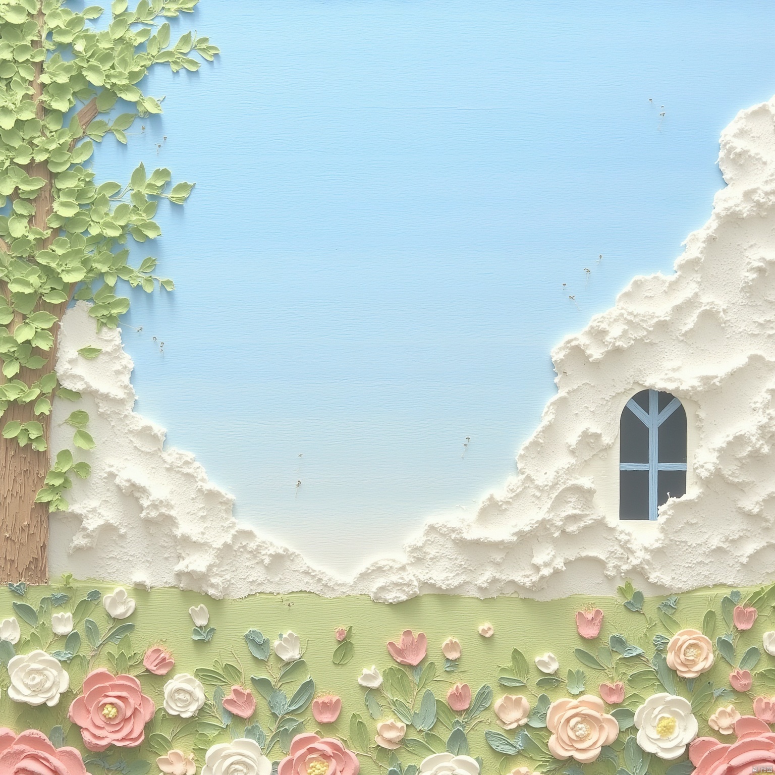 flower, outdoors, sky, tree, no humans, window, bird, building, scenery, house,oil painting style.,Xsysh