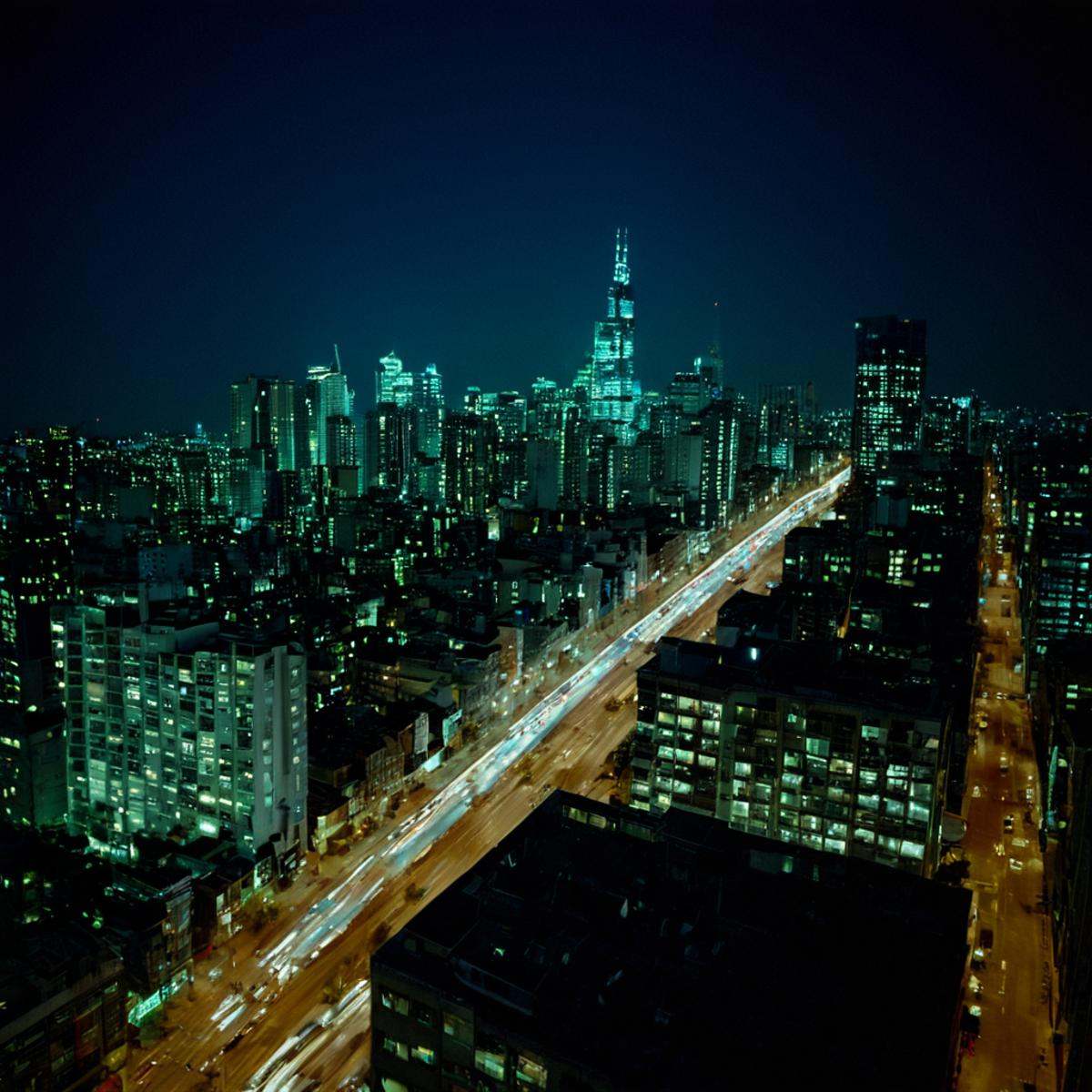 cinematic film still of "Kodak" "Vivid Film"a city at night with a lot of tall buildings,  outdoors,  sky on Tensor.Art