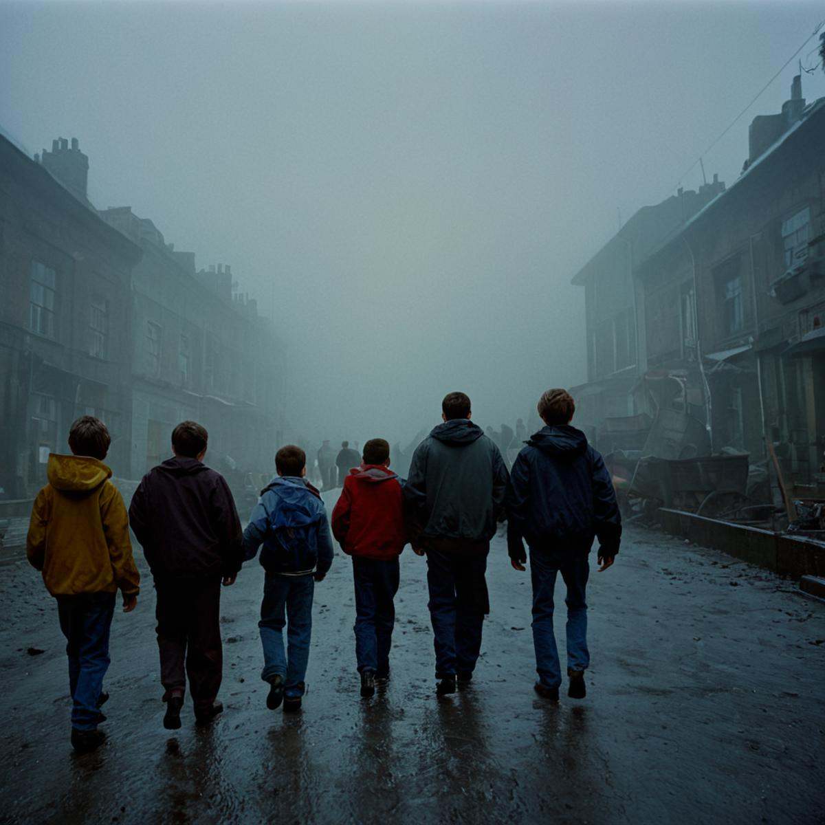 cinematic film still of "Kodak" "Vivid Film"a group of people walking through a foggy area,  standing,  outdoors on Tensor...