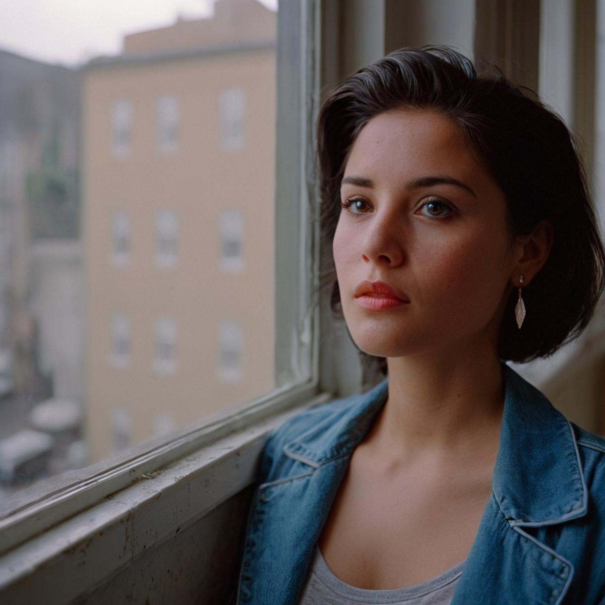 cinematic film still of "Kodak" "Vivid Film"a woman looking out a window in a building,  1girl,  solo on Tensor.Art