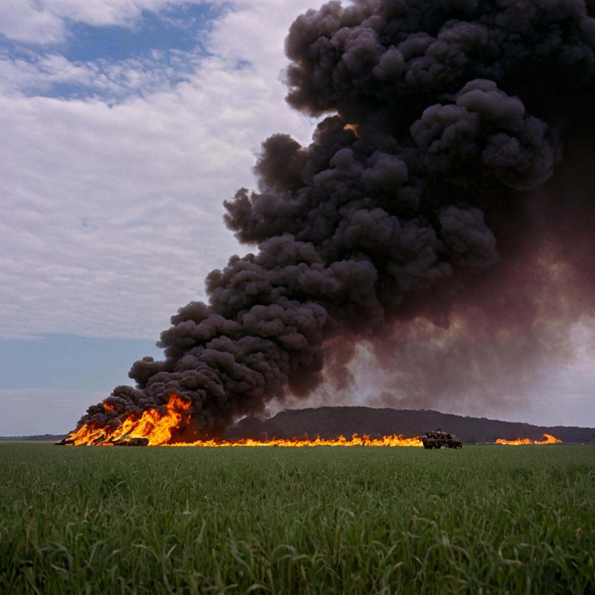 cinematic film still of "Kodak" "Vivid Film"a large fire is burning in the middle of a field,  outdoors,  sky on Tensor.Art