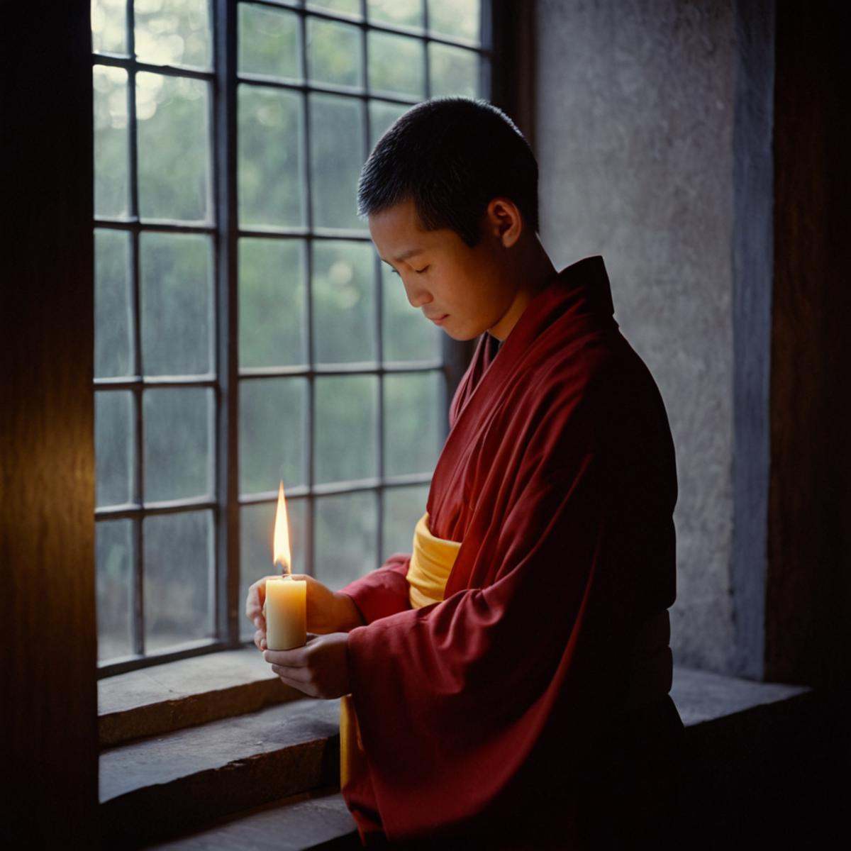 cinematic film still of "Kodak" "Vivid Film"a monk lighting a candle in a dark room,  solo,  black hair on Tensor.Art