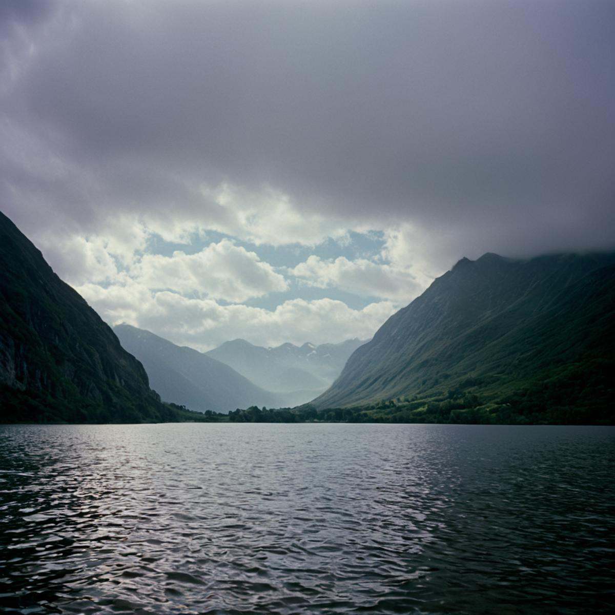 cinematic film still of "Kodak" "Vivid Film"a view of a lake in the middle of a mountain,  outdoors,  sky on Tensor.Art