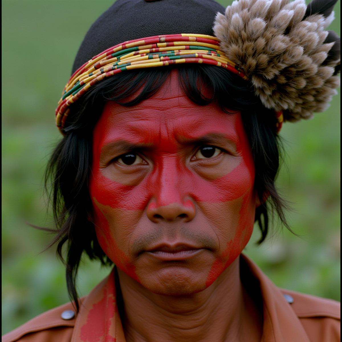 cinematic film still In RonFricke cinematic film style a cambodian trible man with a red paint on his face and feather hea...