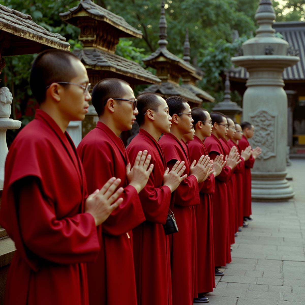 cinematic film still In RonFricke cinematic film style a group of monks standing in a line praying,  side view,  black hai...
