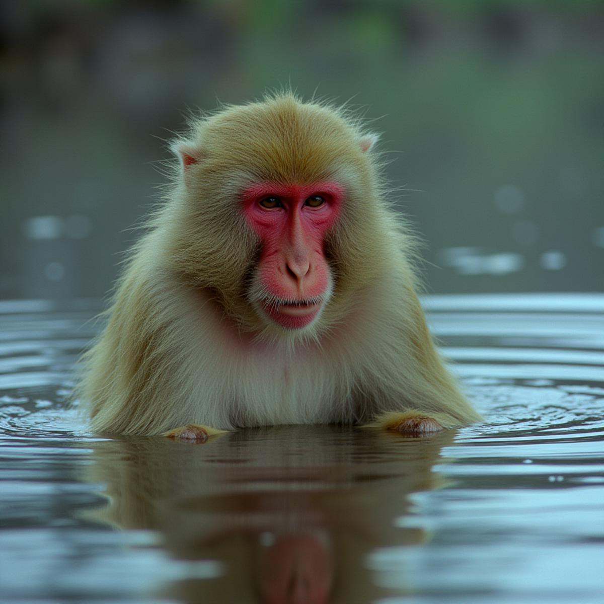 cinematic film still In RonFricke cinematic film style a Japanese macaque monkey with a red face in the water,  solo,  out...