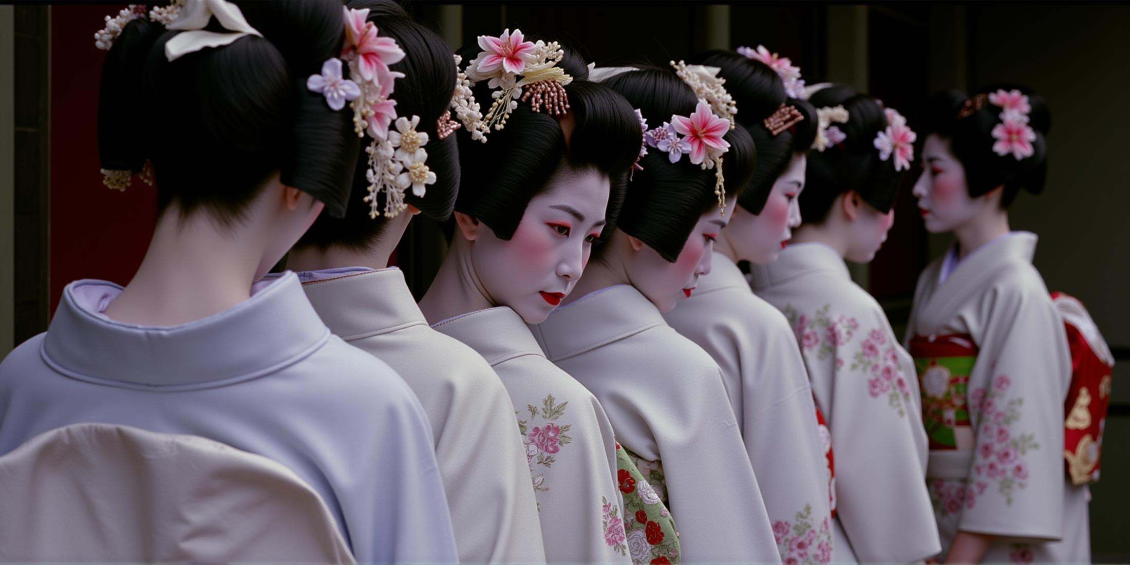 cinematic film still In RonFricke cinematic film style three geisha women in kimono are standing in a line,  looking at vi...