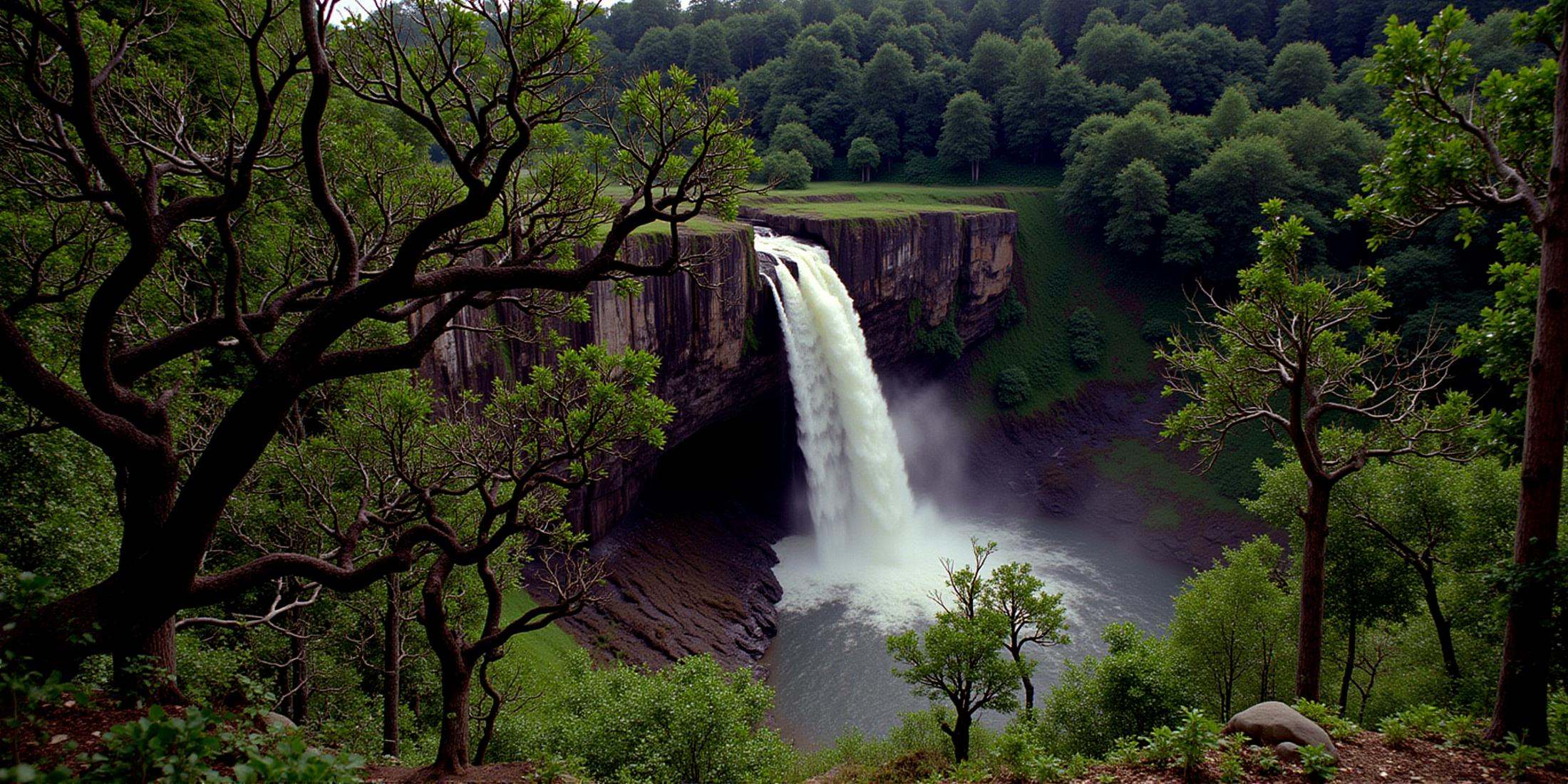 cinematic film still In RonFricke cinematic film style a tree with a waterfall in the background,  outdoors,  tree on Tens...