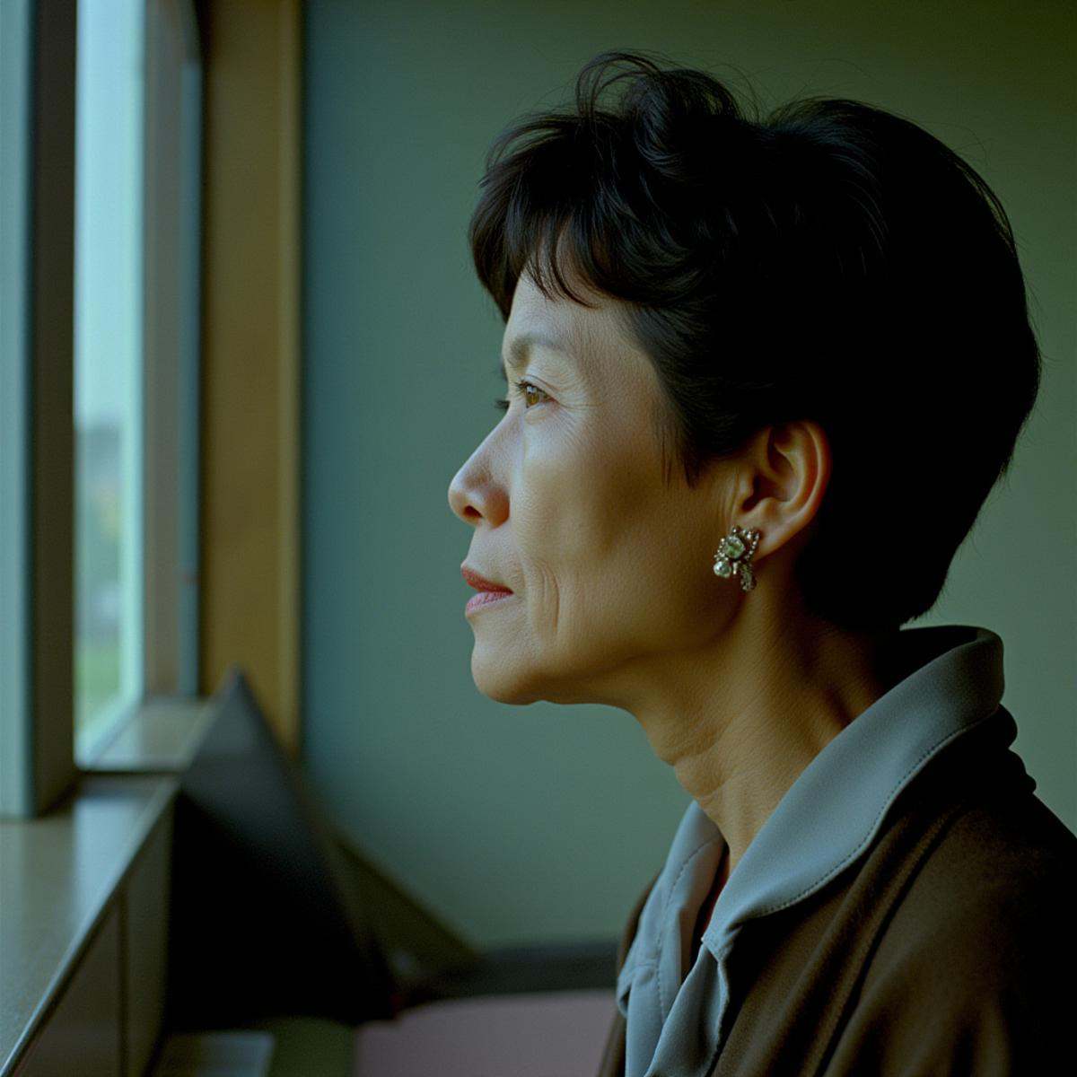 cinematic film still In RonFricke cinematic film style a profile view of an asian middle aged woman looking out a window i...