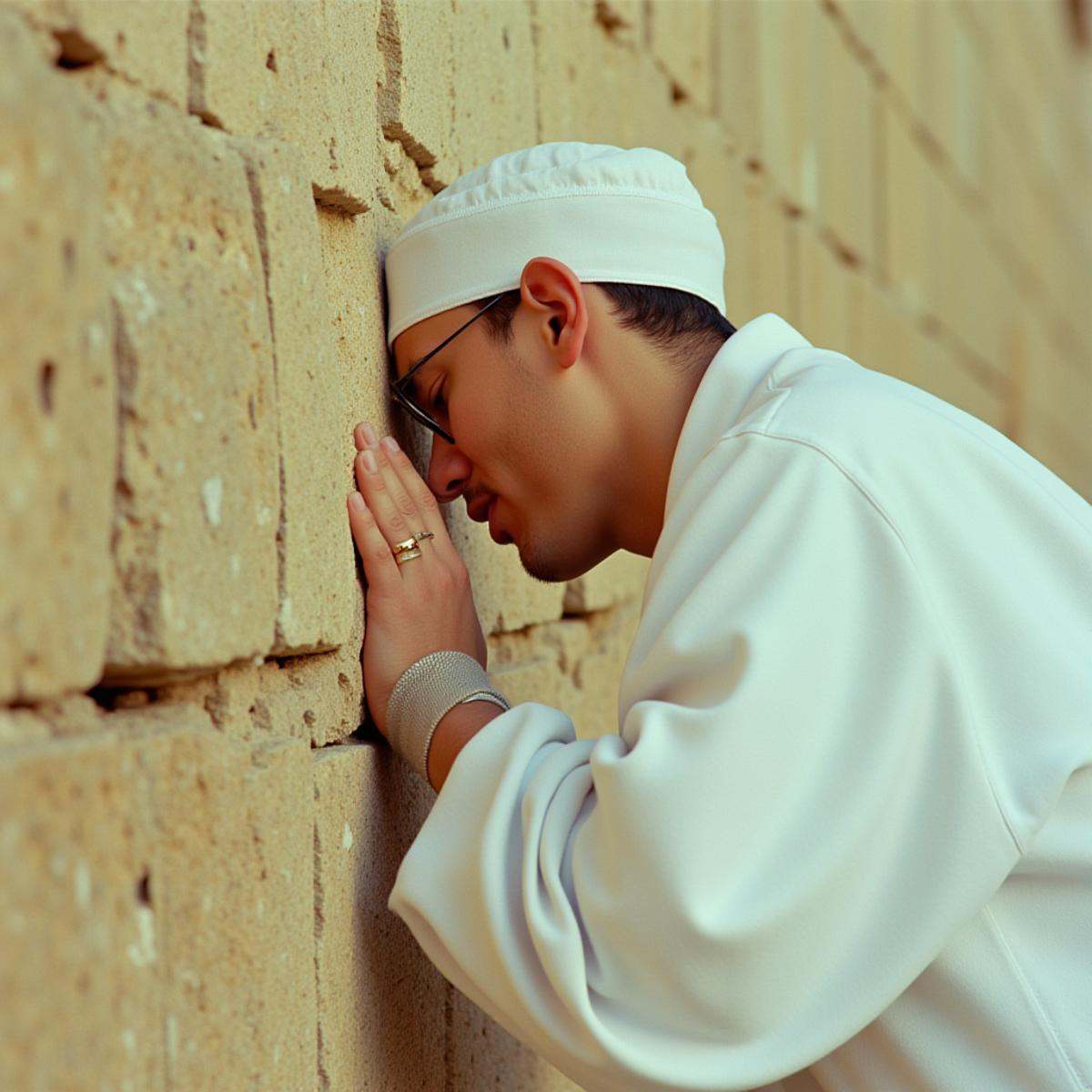 cinematic film still In RonFricke cinematic film style a hebrew person in a white hoddie robe is kissing the Western Wall...