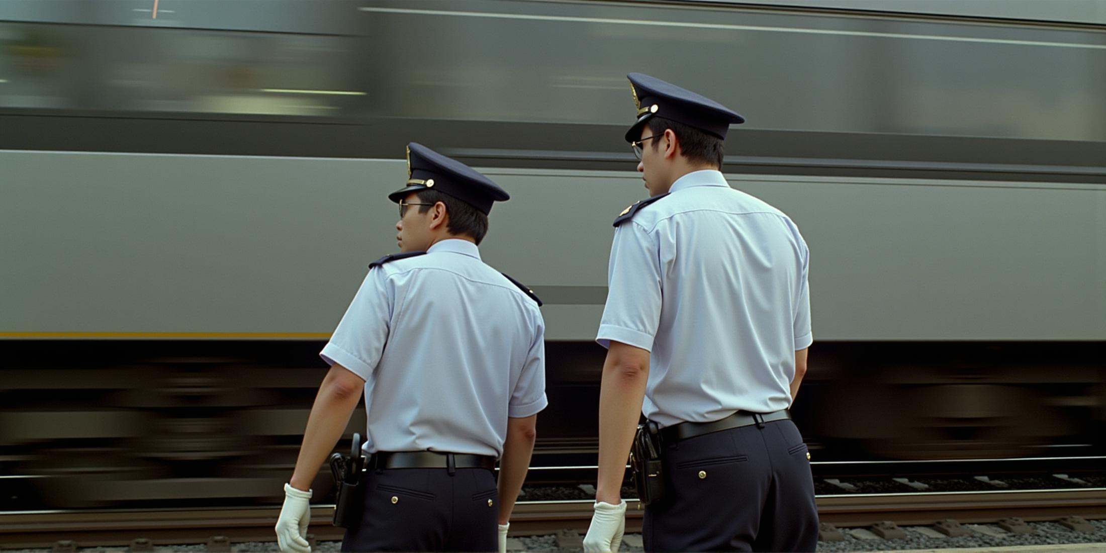cinematic film still In RonFricke cinematic film style two asian clerk men in uniforms standing next to a fast moving trai...