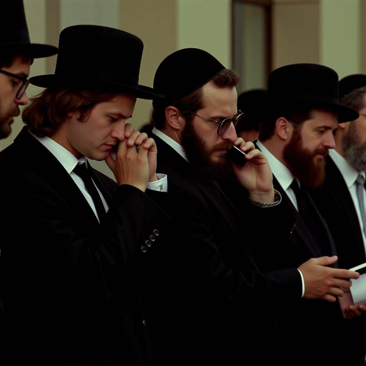 cinematic film still In RonFricke cinematic film style a group of rabbi hebrew men in black suits and hats,  brown hair,...