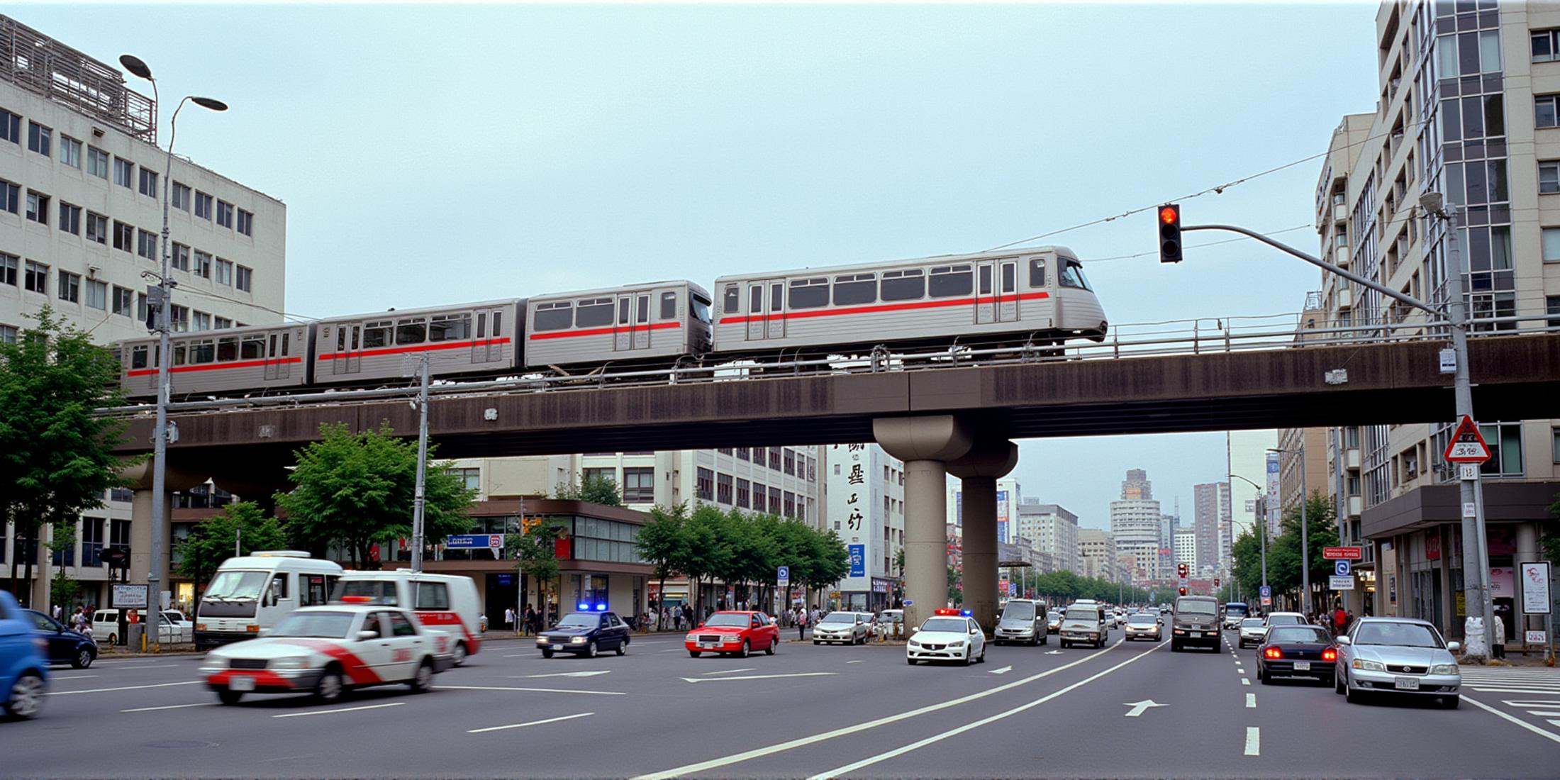 cinematic film still 1990's,  In RonFricke cinematic film style a busy asian city street with a train crossing over a brid...