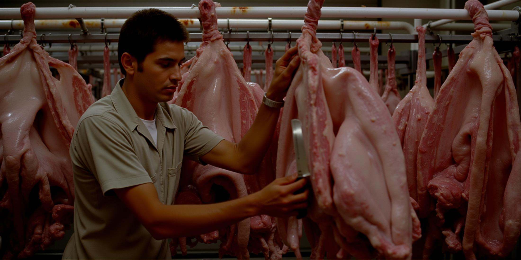 cinematic film still In RonFricke cinematic film style a bunch of pork meat hanging from a rack in slaughterhouse,  holdin...