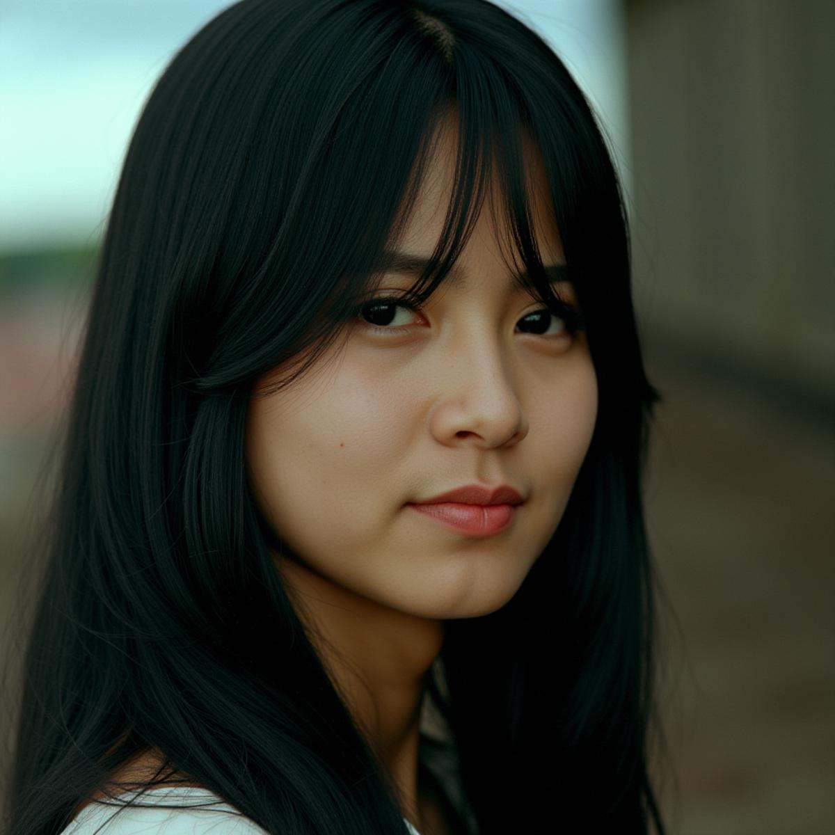 cinematic film still In RonFricke cinematic film style a pretty asian woman with long hair and a cute face looking at came...