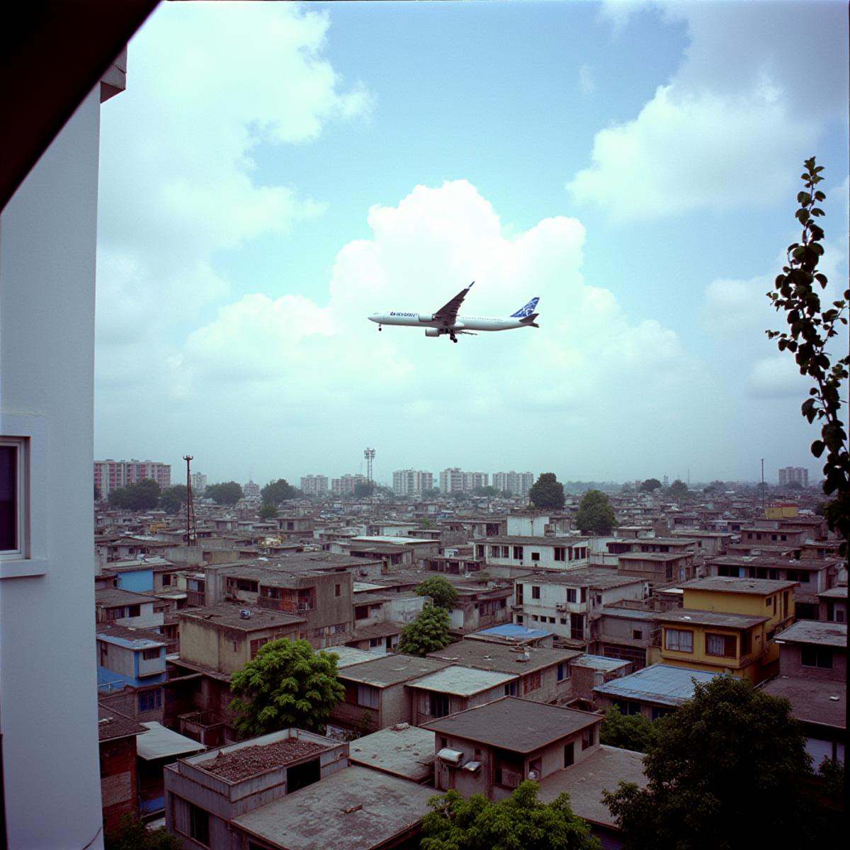 cinematic film still In RonFricke cinematic film style a plane flying over a poor city with buildings,  outdoors,  sky on...