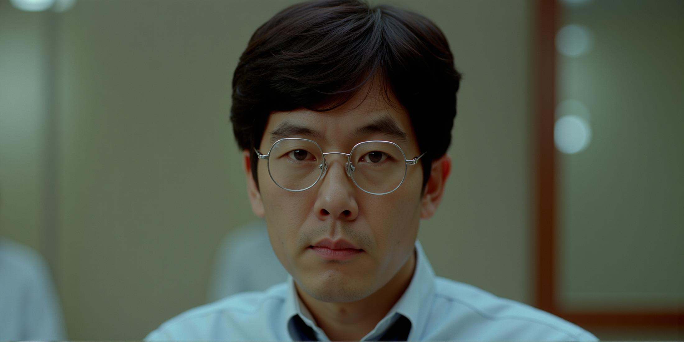 cinematic film still In RonFricke cinematic film style a asian japanese man with glasses and a tie looks at the camera,  s...