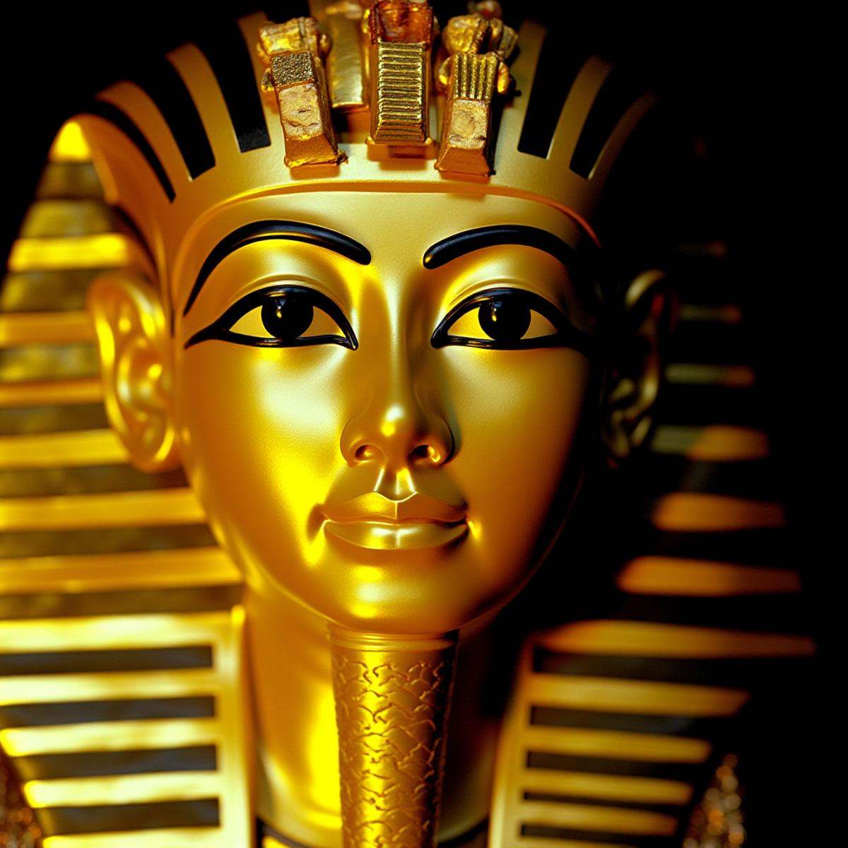 cinematic film still In RonFricke cinematic film style a golden pharaoh mask with a black eyes,  solo,  looking at viewer...