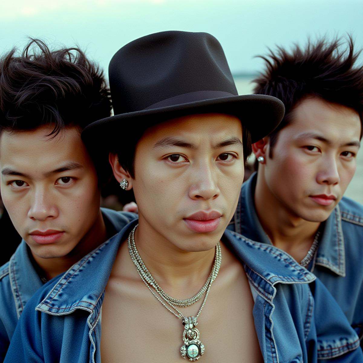 cinematic film still In RonFricke cinematic film style three asian punk men with punk hair on their heads,  looking at vie...