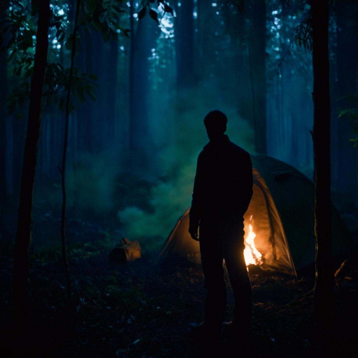 cinematic film still of 0 realism perfect Chiaroscuro Lighting Style a silhouette man standing in the green jungle forest...