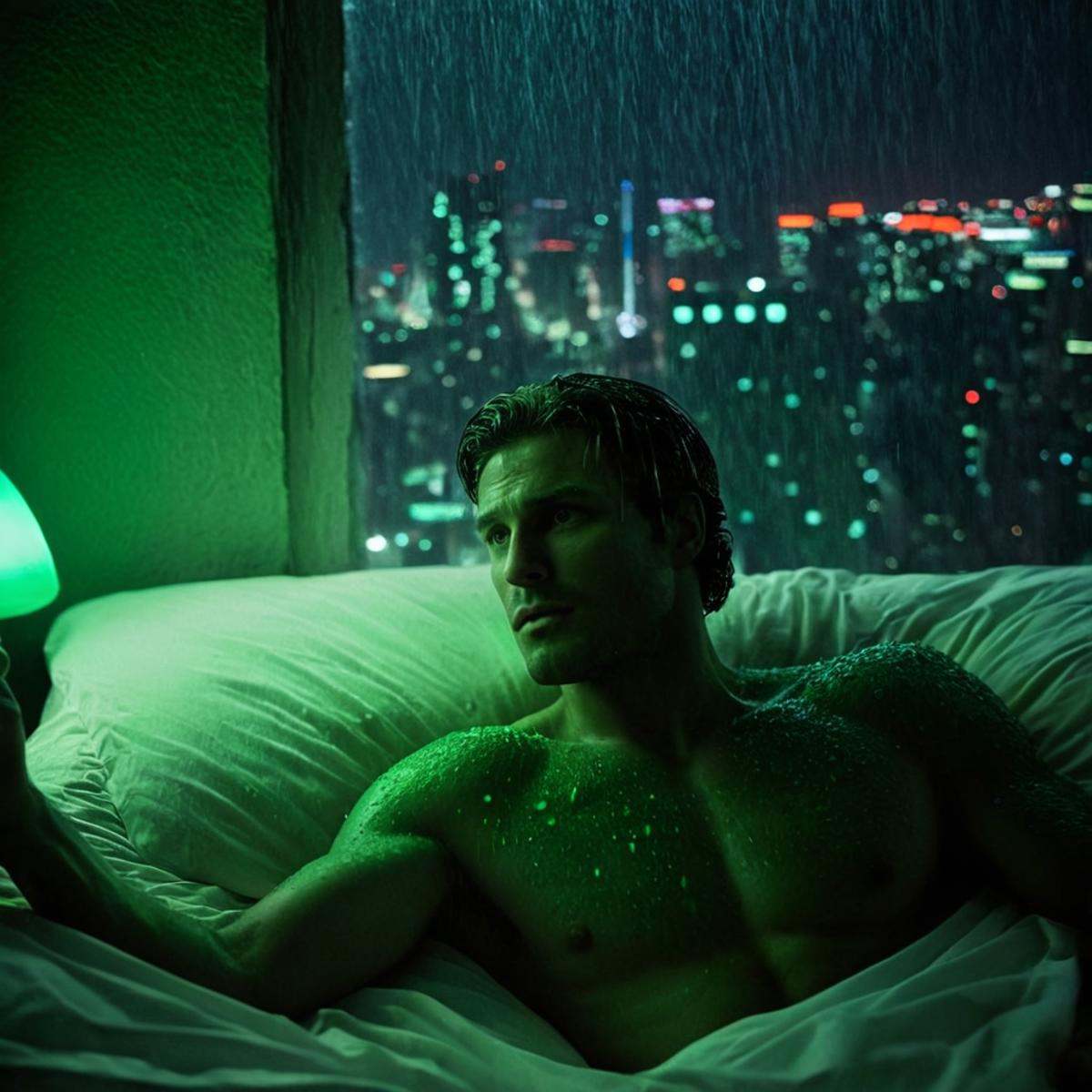 cinematic film still of 0 realism perfect Chiaroscuro Lighting Style In "Green themed color",  a cinematic motion picture...