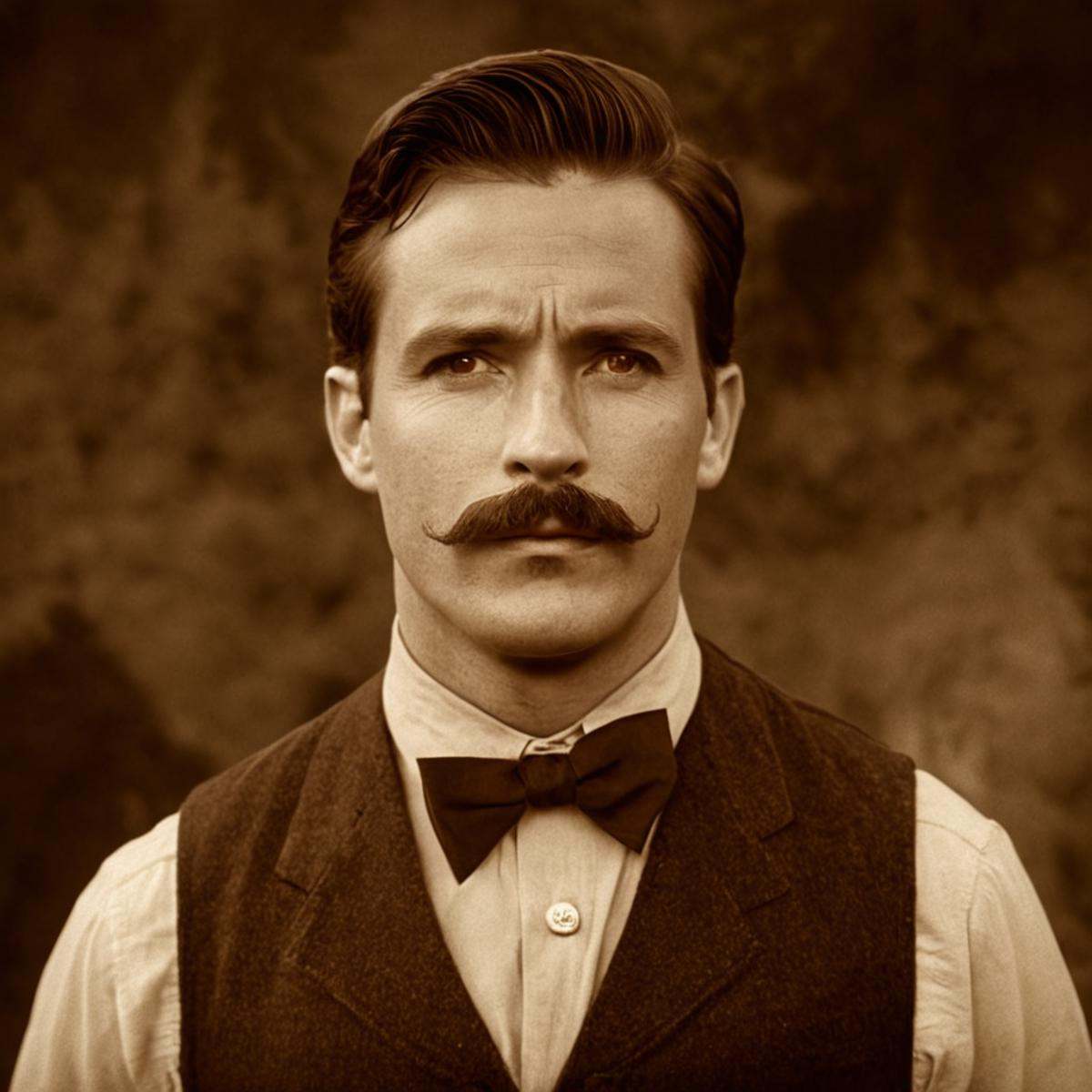 cinematic film still of In "Sepia themed color",  a cinematic motion picture film of a man with a mustache and a vest movi...
