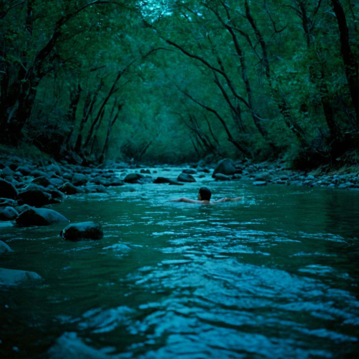 cinematic film still of In "Blue themed color",  a cinematic motion picture film of a group of people swimming in a river...
