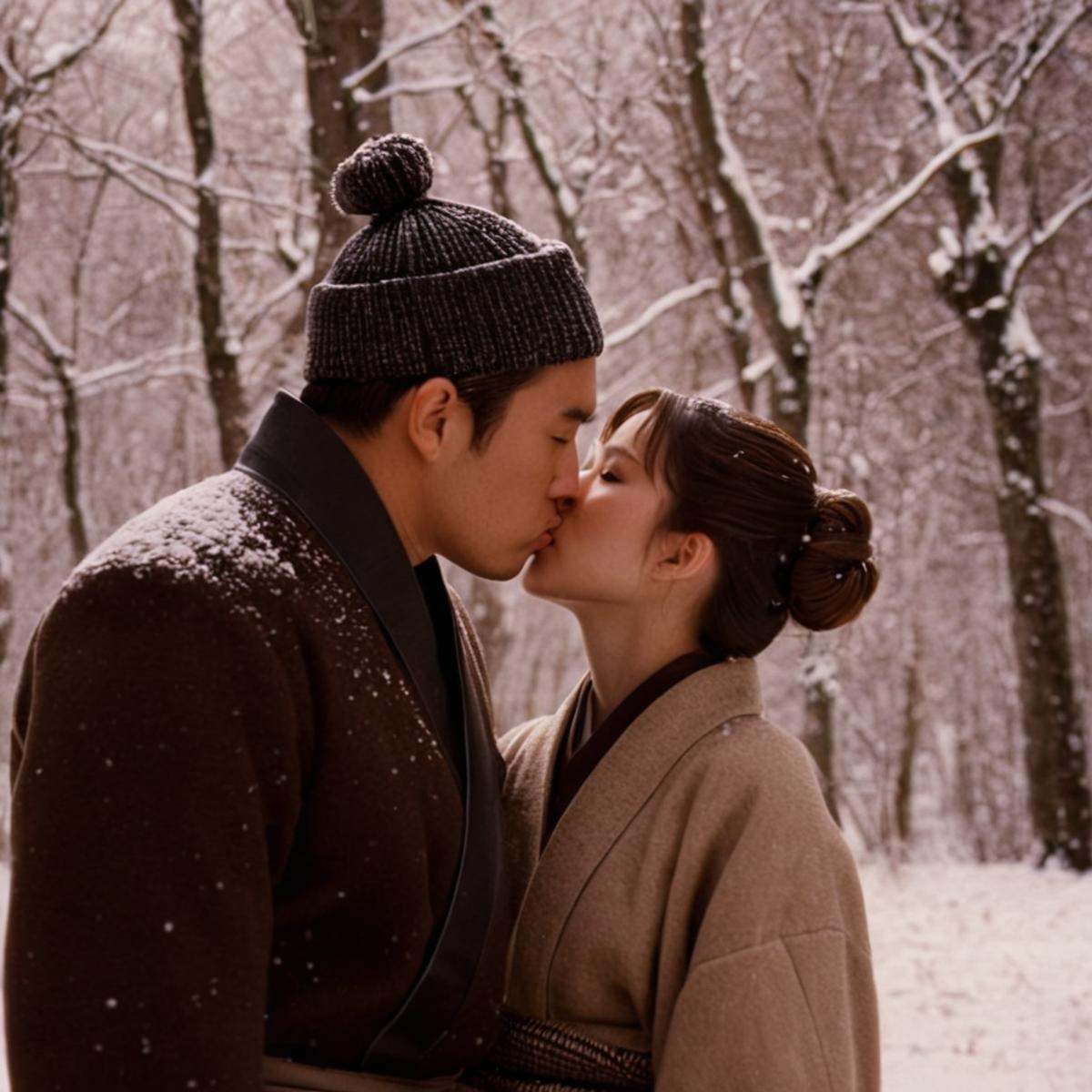 cinematic film still of In "Sepia themed color",  a cinematic motion picture film of a couple kissing in the snow in a woo...