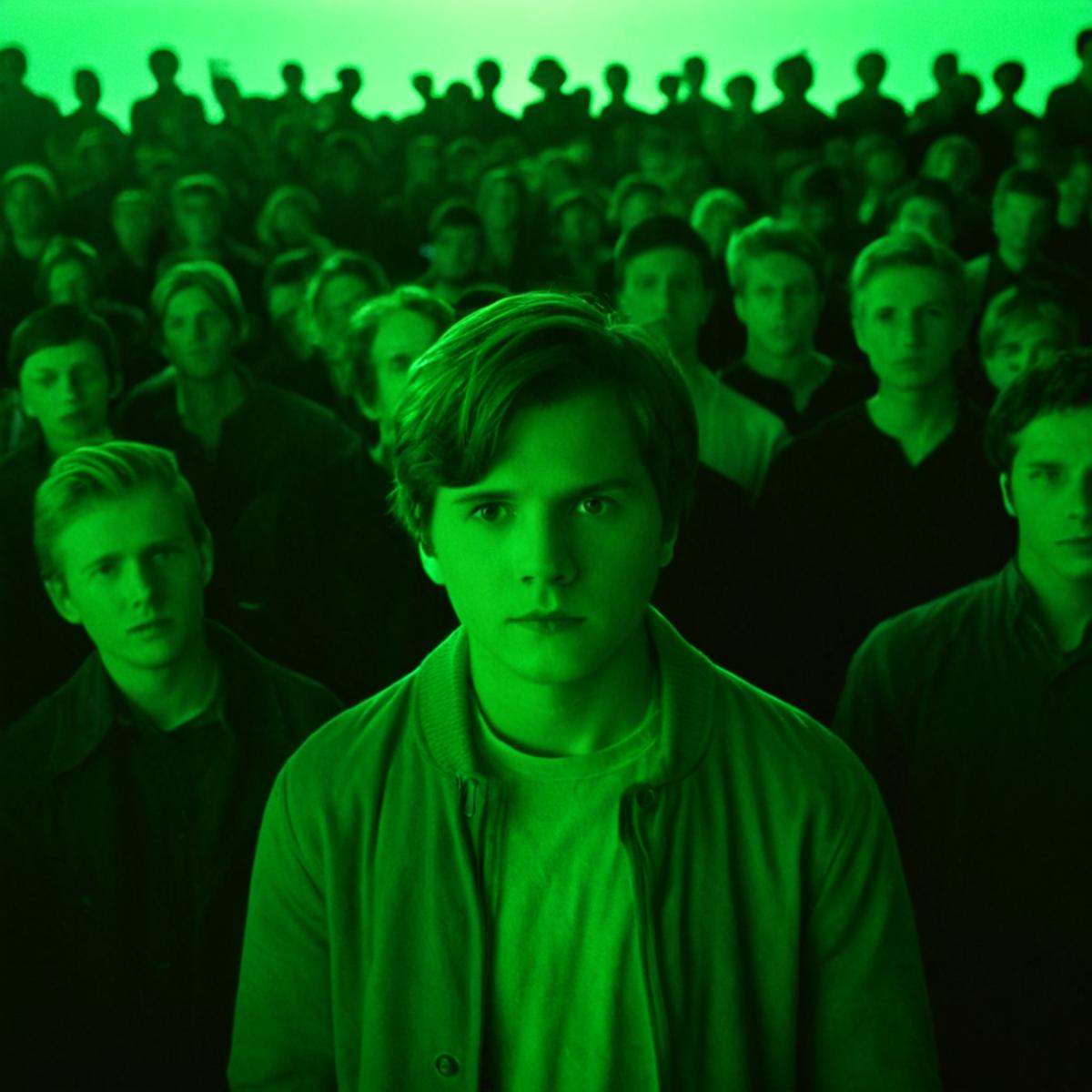 cinematic film still of In "Green themed color",  a cinematic motion picture film of a man standing in front of a crowd of...